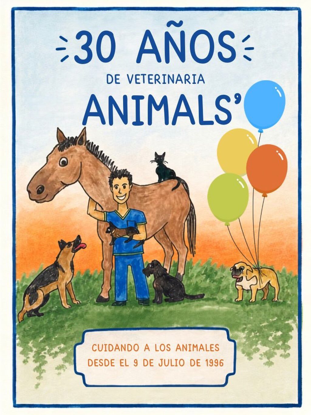 Ilustración por los 30 años de Veterinaria ANIMALS': cuidando a los animales desde el 9 de julio de 1996